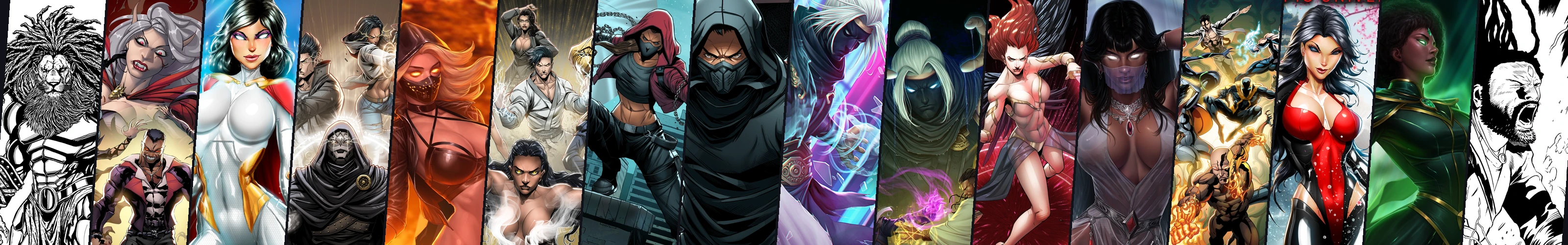 A collage of Axis Prime’s cast: Calig, Firefly, Sparrow, Suez, Kali, Sunaii, Tatsu, Tora, the White Mage, and characters from the Da Ten Shi, Magi, Children, Bloods and Style Assassins artwork.
