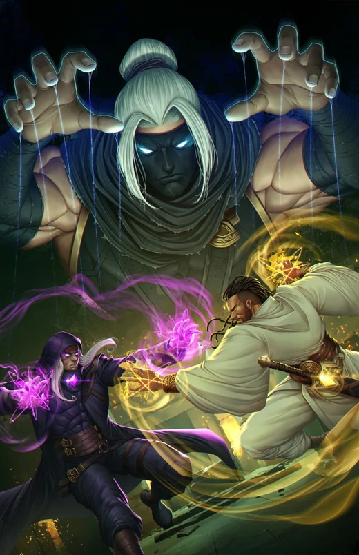 Masked Magi channel arcs of colored energy.